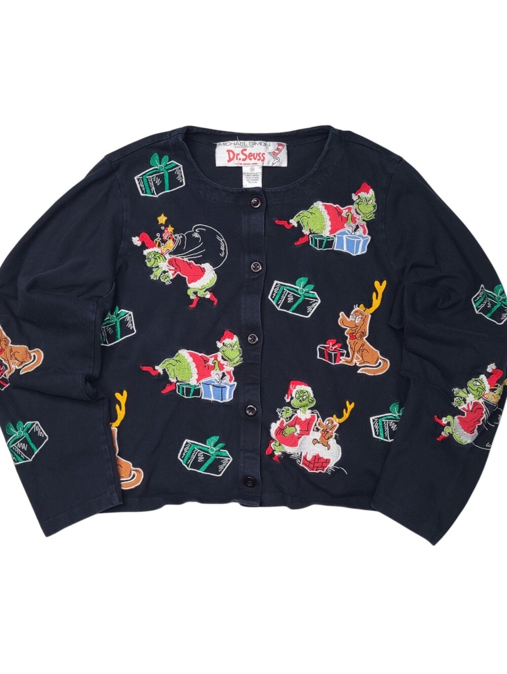 VTG Michael Simon For Dr Seuss Grinch Xmas Black Cotton Embroidered Cardigan M